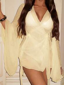 Swim SXY 女士亮片面料深V领长袖和服罩衫，春夏款 - 杏色 - 查看 1