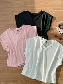 SHEIN EZwear Bộ 3 áo thun nữ tay ngắn cổ chữ V màu trơn, kiểu dáng thường ngày, thích hợp mặc mùa hè. - Nhiều màu - Xem 4