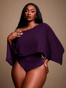 Radiana Plus Size Women's Elegant Daily Basic Dark Purple Solid Color Elegant Off Shoulder Batwing Cape Style Bodysuit Party Night Autumn Winter - Purple - View 3