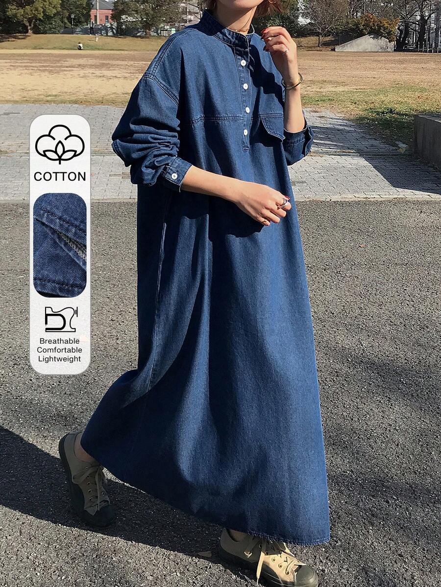 FRIFUL Women's Straight Denim Dress With Shirt Style - Blue - View 1