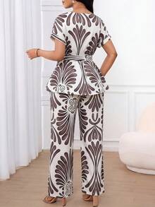 SHEIN Lady Women's Fashion Commuter All-Over Print Top And Pants 2 Pieces Set, Summer - Multicolor - View 2