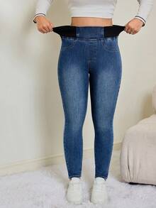 SHEIN Tall Women's Casual Washed High Waist Slim Fit Jeans Autumn/Winter Elastic Waistband High-Stretch Comfort Fabric Dark-Wash Skinny Jeans - Medium Wash - View 6