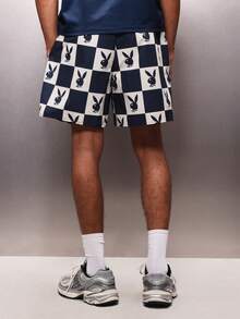 PLAYBOY X SUMWON Checkerboard Pattern Pull On Nylon Shorts With Elastic Waist For Casual Summer Streetwear Style - Blue - View 2