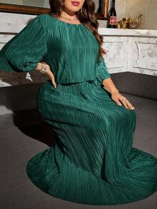 Reflora Vestido elegante de unicolor talla grande, adecuado para fiestas - Verde Oscuro - Ver 8
