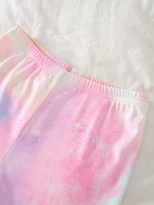 女童可爱扎染印花休闲短袖短裤睡衣套装，连体家居服 - 彩色 - 查看 5