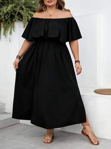 SHEIN CURVE+ Curve 尺码 US22 音乐节、海滨度假、波西米亚风黑色露肩宽松 A 字连衣裙、休闲度假连衣裙、黑色时尚连衣裙 - 黑色 - 查看 3