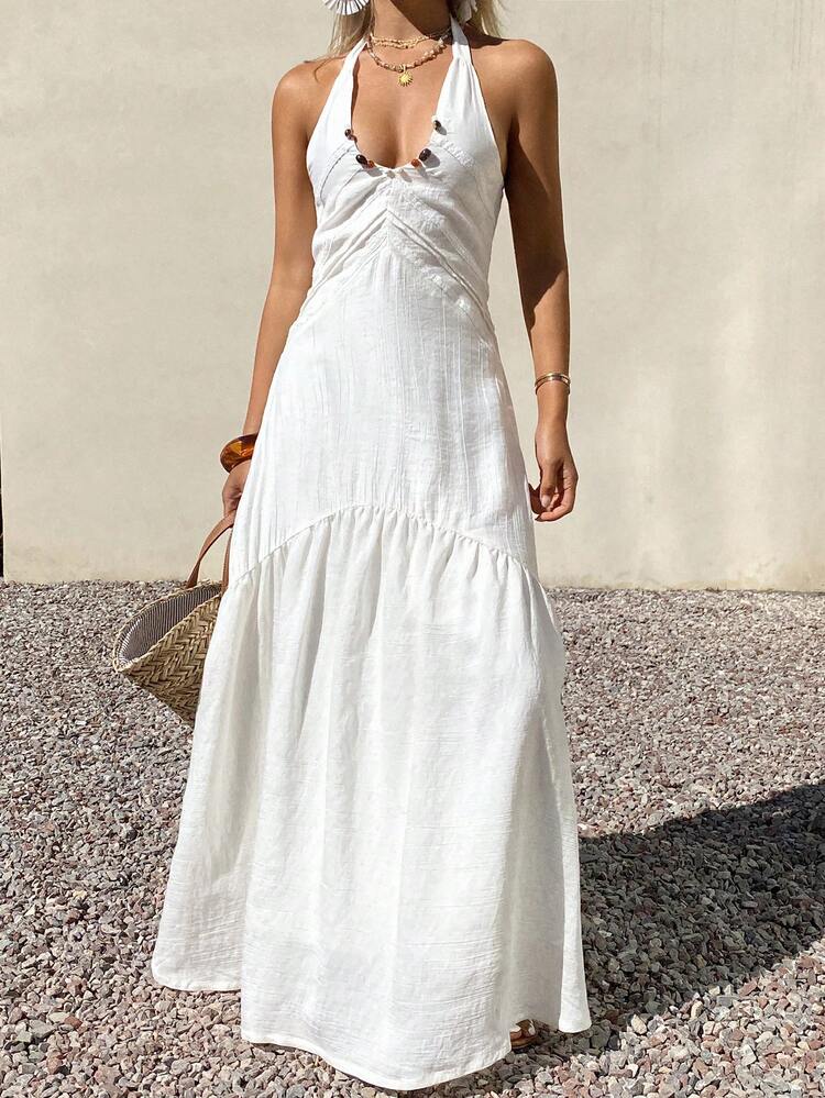 Women's Solid Color Fitted Waist Patchwork Lace-Up Backless Beaded Casual Dress, Summer Sundress Boho