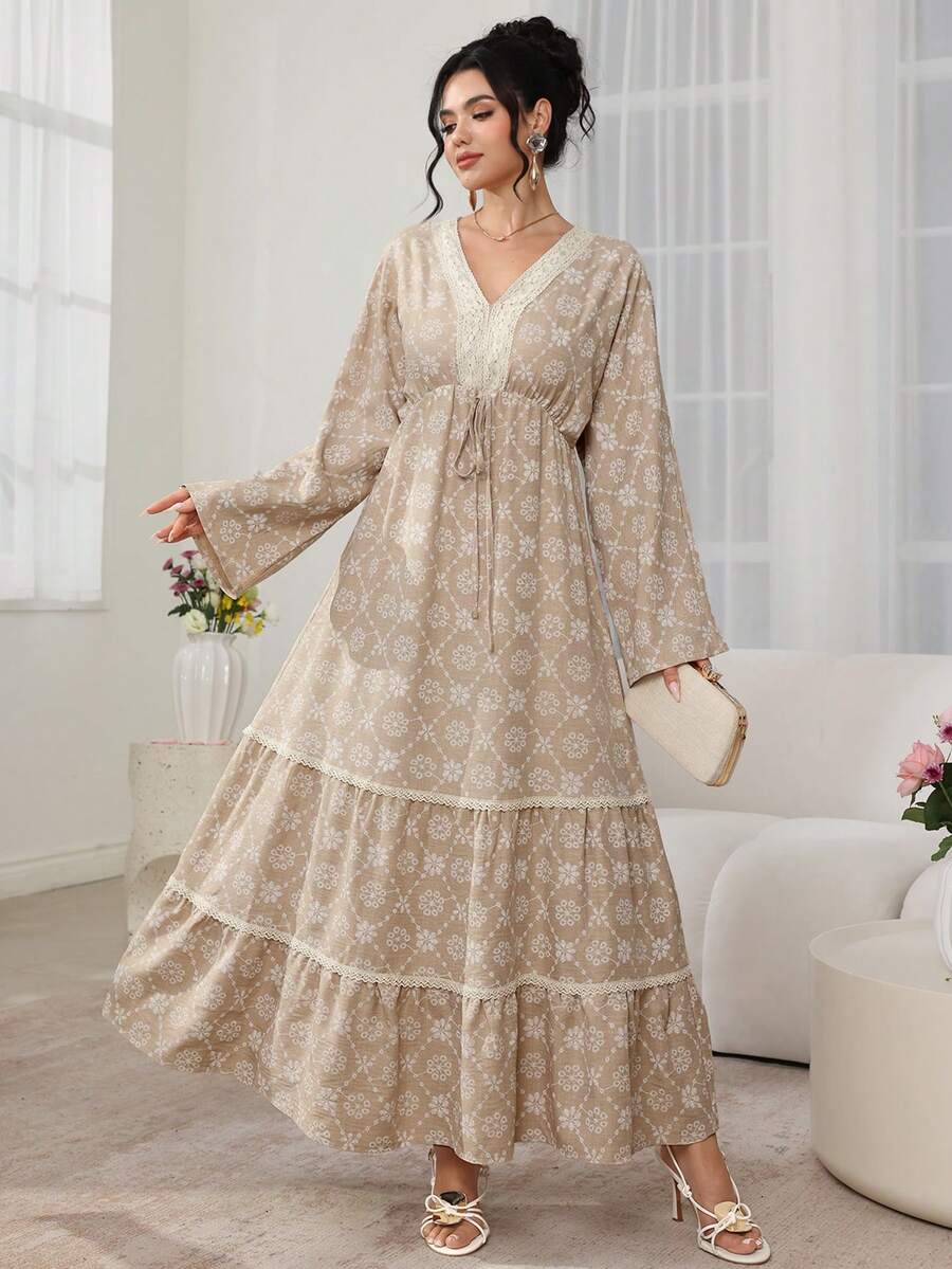 Al Najma Vestido largo de estilo vacacional con estampado de volumen, cuello en V y cintura, estilo túnica larga al estilo turco - Caqui - Ver 1