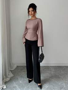 Siren Gaze Slim Fit Blouse With Contrast Trim, Long Flared Sleeves, Round Neck, Thin Back Straps - Maroon - View 3