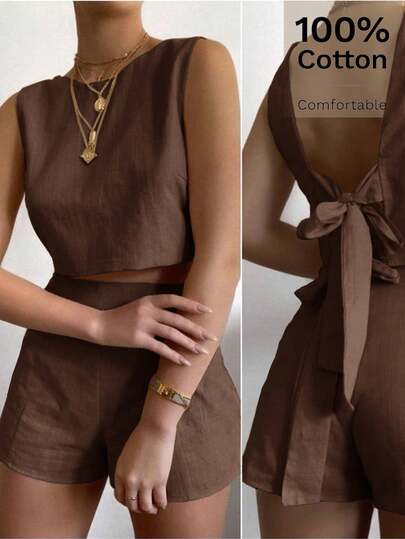 Siren Gaze 2pcs/Set Women Solid Color Round Neck Twist Back Top And Shorts, Casual Outfit For Date, Vacation, Travel