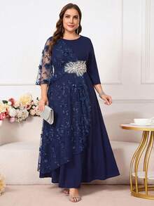 Reflora 大码优雅派对连衣裙，饰有3D立体花卉刺绣和网纱拼接 - 藍色 - 查看 7