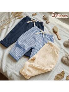 Loomiva 3pcs Baby Boys/Girls Elastic Waist Pants Set With Decorative Ribbon, Versatile & Comfortable For Outings, Street Style, Home, Party,Kids - Multicolor - View 2