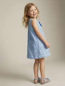 Maija Kids Young Girl Blue Embroidered Bow Decor Round Neck Sleeveless Casual Dress,Kids - Blue - View 13