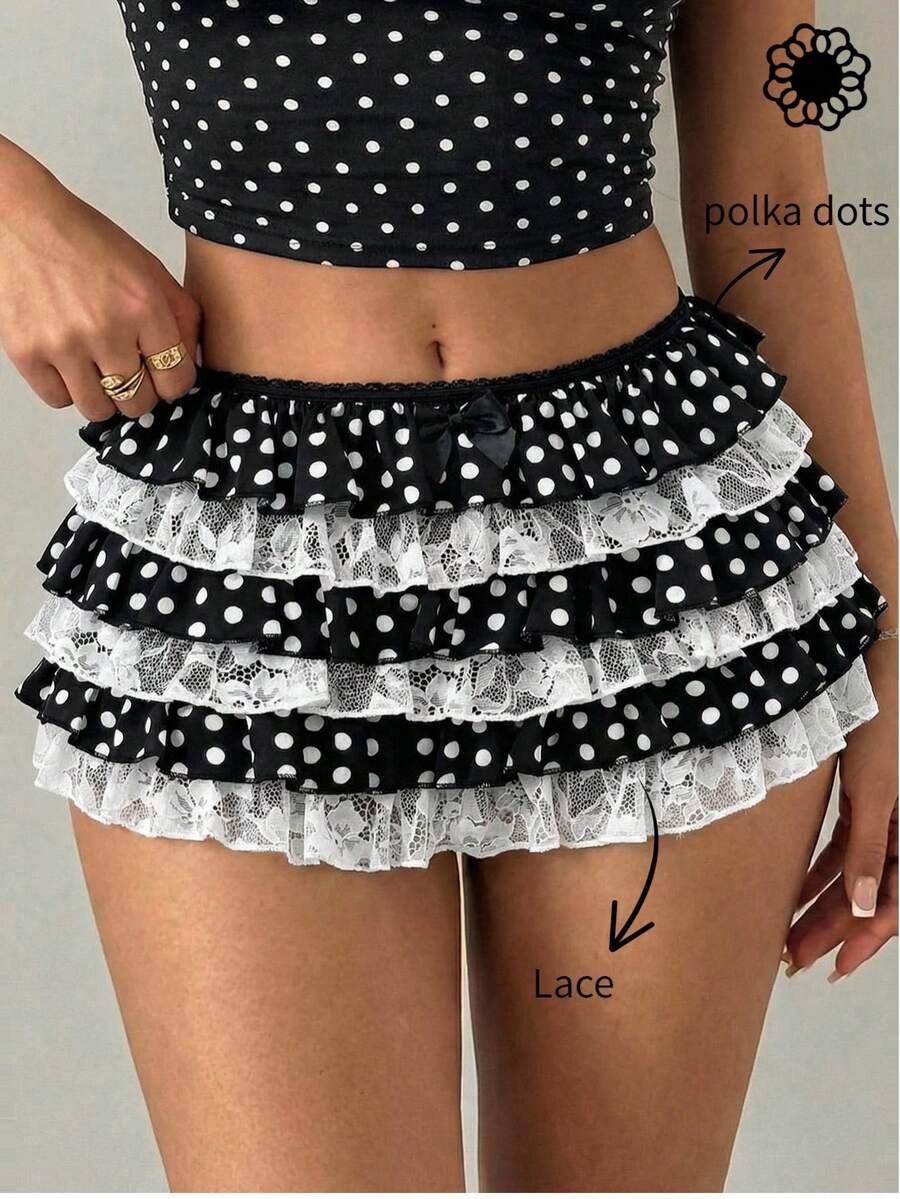 SHEIN SXY Váy quần nữ chấm bi phối ren xếp lớp, viền bèo nhún, đa năng cho hẹn hò/dạo chơi. - Đen và trắng - Xem 1