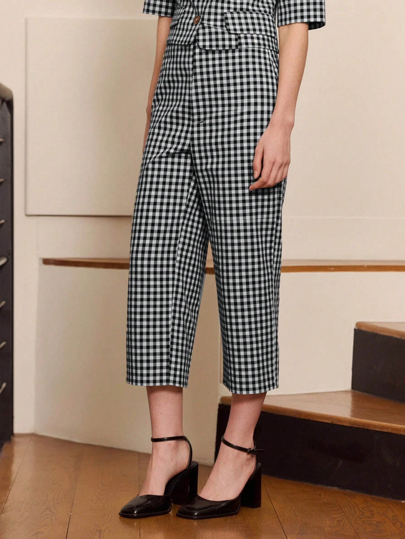 Black Gingham Wide-Leg Cropped Trousers Cute Vintage Style Spring Summer Going Out