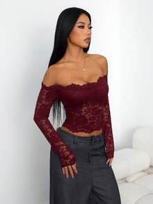 SHEIN PETITE 女士蕾丝性感透视镂空露肩长袖上衣，酒红色，适合圣诞节、万圣节、亡灵节、秋冬季叠穿，红色上衣，圣诞节 - 酒紅色 - 查看 7