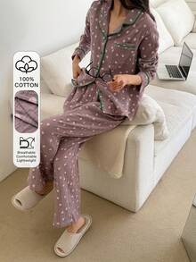 DAZY 两件套可爱草莓图案宽松开衫长袖睡衣套装，含长裤，春秋季女装 - 紫色 - 查看 5