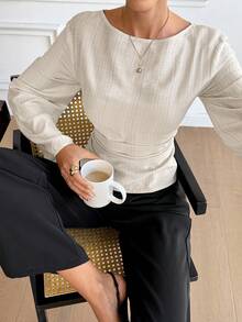 Serisse Women's Elegant Long Sleeve Blouse – Minimalist Boat Neck Cinched Waist Top Women's Boat Neck Dropped Shoulder Long Sleeve Ruched Waist Fashion Blouse,Summer ,Spring,Valentine's Day,Party,Wedding,Ceremony,Elegant ,Vacation,Casual, Formal, - Apricot - View 7