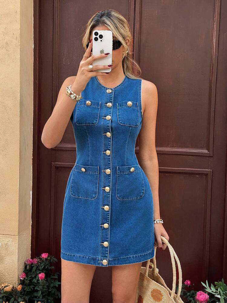 Serisse Vestido de mezclilla sin mangas de mujer de una sola hilera de botones - Azul - Añade 6
