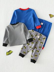 SUPERMAN X Cozy Pixies 4pcs Newborn Baby Boy/Girl Cartoon Superhero Pattern Knit Soft Crew Neck Long Sleeve Top And Elastic Waist Pants Set - Multicolor - View 2