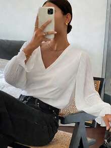 Livesso Kaos Wanita Elegan untuk Perjalanan Sehari-hari, Polos, Leher V Dalam, Longgar - Putih - View 5