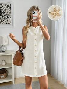 Easowa 女士休闲度假风纯色金属海星纽扣装饰贝壳边无袖收腰短裙，夏季情人节白色无袖连衣裙，白色度假连衣裙，白色休闲连衣裙，白色连衣裙，白色纽扣连衣裙，无袖白色连衣裙，白色迷你连衣裙，春季穿搭，休闲服饰 - 白色 - 查看 3