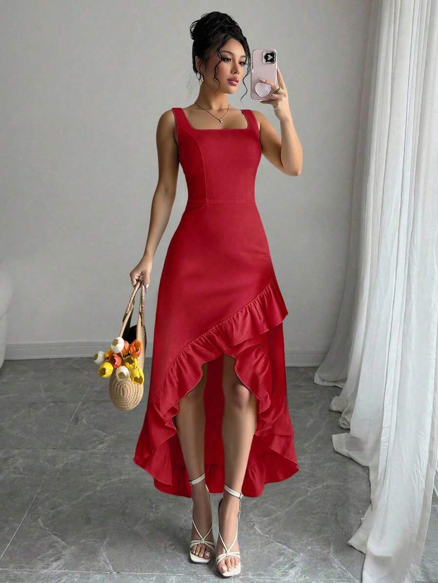 Rafferiza 女式方领荷叶边下摆不对称连衣裙 - 紅色 - 查看 1