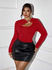 Femmeverse Plus Size Women Unique Relaxed Fit Knit Bodysuit - Red - View 5