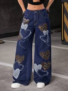 Flirla Jeans de pierna ancha con patrón de corazón de leopardo bordado - Azul lavado oscuro - Ver 4
