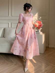 DAZY 法式碎花连衣裙，浪漫复古风夏季吊带裙 - 粉色 - 查看 3