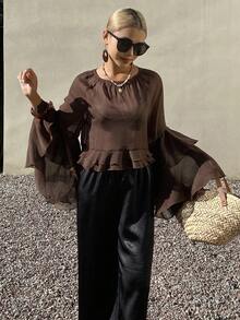 DAZY Áo kiểu nữ màu trơn dáng rộng bằng chiffon, tay loe, bèo nhún, thích hợp cho kỳ nghỉ xuân/hè. - màu nâu - Xem 4