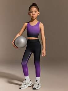 Bộ đồ thể thao gồm áo croptop không tay và quần legging in họa tiết ombre tím đen, chất liệu co giãn cao, ôm sát tôn dáng, thích hợp cho đạp xe, chạy bộ, tập luyện, dành cho bé gái. - Nhiều màu - Xem 4