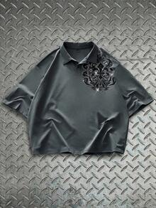 AXEPEAK Kemeja Polo Lengan Pendek Pria dengan Hiasan Payet - Dark Grey - View 7