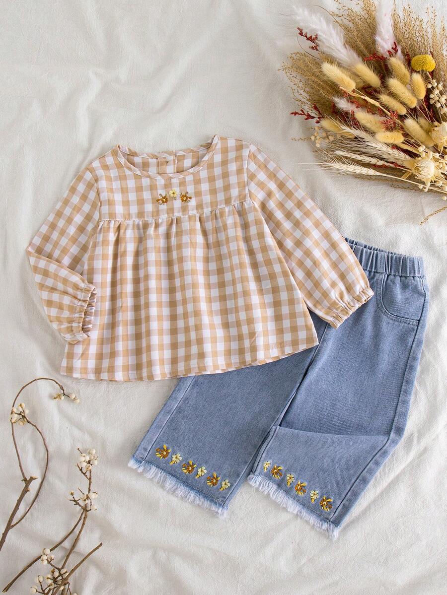 Vintaside Kids Bộ đồ bé gái gồm áo dài tay cổ tròn kẻ caro thêu hoa và quần jean rách, kiểu dáng thường ngày và đi nghỉ mát, thích hợp cho bé gái mặc hàng ngày và đi nghỉ mát.