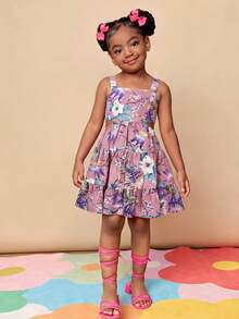 Travachic KIDS Đầm chiffon họa tiết hoa nhí lưng hở bằng vải lanh dành cho bé gái - Màu be - Xem 2