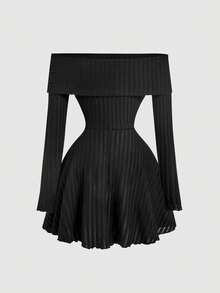 SHEIN MOD 露肩喇叭袖蝴蝶结装饰连衣裙 - 黑色 - 查看 2