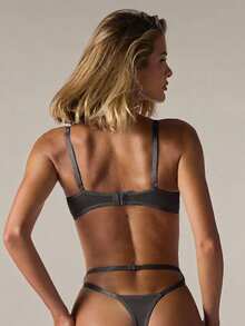 SHEIN BAE 5pcs Women's Solid Color Spaghetti Strap Lace Sexy Lingerie Set - Grey - View 2