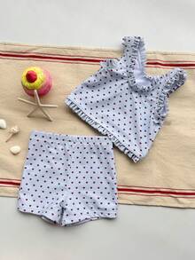 DAZY Bộ đồ bơi dễ thương thời trang dành cho bé gái, họa tiết trái tim màu xanh dương, viền bèo nhún. - Màu xanh lam - Xem 5