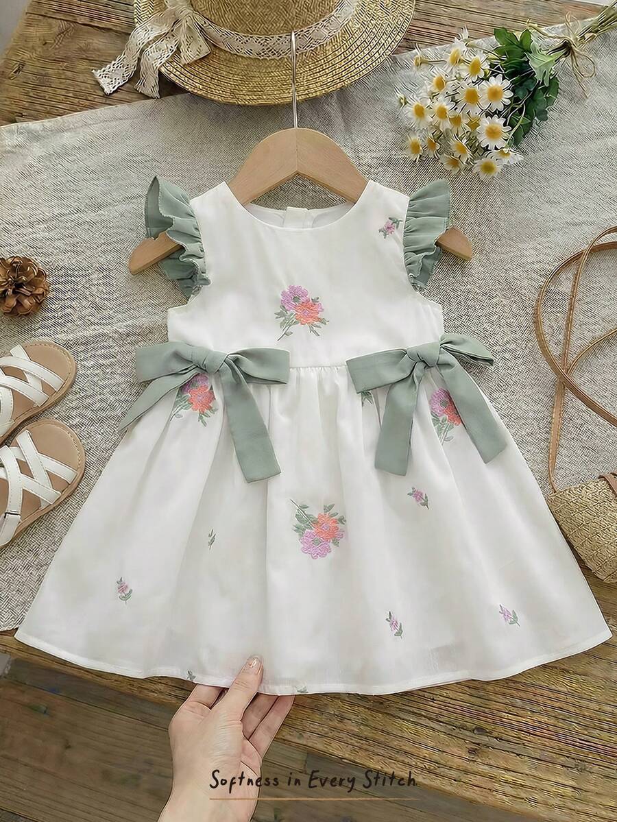 Cozy Pixies Đầm bé gái cổ tròn tay ngắn, eo thắt, phối màu tương phản với nơ, đa năng và thoải mái. - màu xanh lá - Xem 1