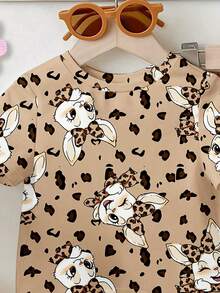 1 Set Baby Girls Lovely Rabbit Ear & Leopard Print Round Neck Short Sleeve T-Shirt And Knitted Bell-Bottom Pants Leopard Print Outfit, Cartoon Rabbit Print Clothing, Spring To Summer, Summer Outfits, Easter Outfit - Multicolor - View 3