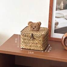 Joivida 1Pc/2Pcs Japanese Handwoven Seagrass Storage Basket With Lid, Home Desktop Cosmetic Sundry Organizer - Multicolor - View 3