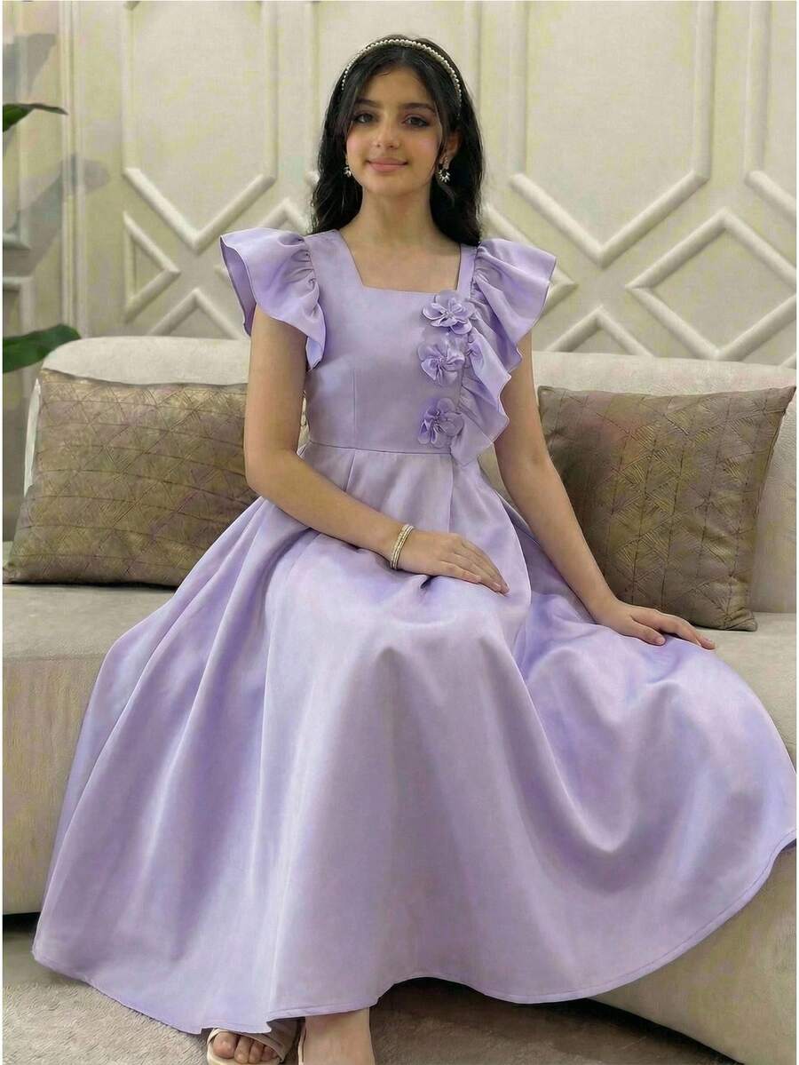 SHEIN Đầm công chúa dáng chữ A màu tím sang trọng, thanh lịch với bèo nhún dành cho thiếu nữ. - Màu tím hoa cà - Xem 1