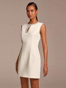 COSMINA Women's Elegant Sleeveless Crystal Teardrop Collar Mini Dress, Versatile For Commute, Office, Dates, Parties, Spring - White - View 7