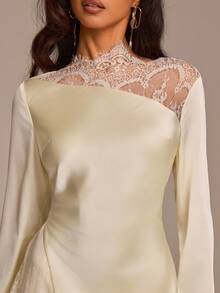 COSMINA Đầm ngắn nữ màu vàng nhạt tay loe phối ren, thích hợp cho đi nghỉ mát, dự tiệc, đám cưới, phong cách lãng mạn. - Vàng nhạt - Xem 5