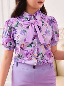 Elladie kids Tween Girl Floral Print Short Sleeve Shirt And Solid Color Pants Set Purple Top And Pants For Girls Purple Suits For Teen Girls Lavender Pants Suit Girls Floral Top And Pants Set Girls Floral Print Suit Children's Arab Clothing, Children's Islamic Children's Clothing, Children's Abaya Set Floral Top Lavender Pants Light Purple Pants Suit Lavender Pants Suit Tween Purple Two Piece Set Girls Tween Girl Matching Outfits Two Piece Set Teen Girls Girls Floral Top Purple Pants Sister Matching Outfits - Purple - View 3