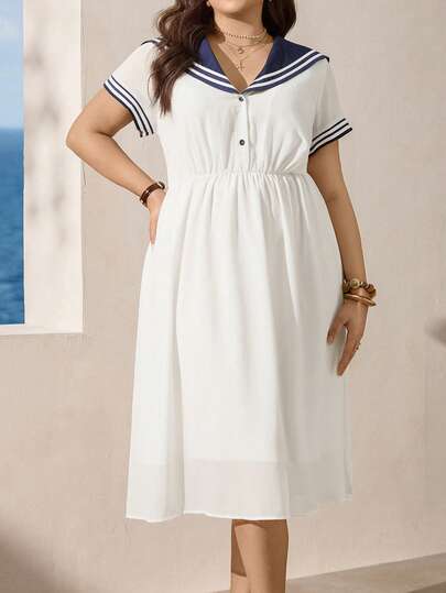 Zelara Plus-Size Women Summer Women'S Summer Navy Collar Casual Vacation Dress, Short-Sleeved Blue And White Nautical Women'S Dress Plus Size White Dress White Casual Dress Women Plus Size Vacation Dress Preppy Dress French Style Dress Summer Dresses For Women Summer Elegant Dress Sailor Outfit Women Coastal Dress Women Vacation Dress Short Sleeve Summer Dress
