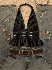 Attitoon 女士复古性感Y2K音乐节朋克露背吊带上衣 - 灰色 - 查看 1