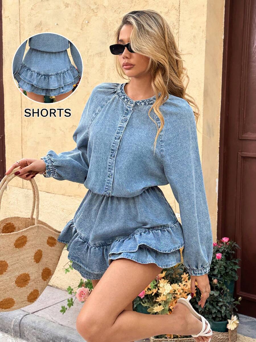 Serisse Women's Fashion Single-Breasted Long Sleeve Denim Jumpsuit, Summer Spring To Summer Valentine's Day Carnival Costume Commuting Vacation Graduation Chic Y2k Cute Streetwear Party Wedding Elegant Business Casual Woman Casual Women's Blue Denim Jumpsuit Gathered Waist Ruffle Skirt Long Puff Sleeve - Blue - View 1