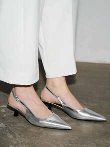 2025秋冬新款女士黑色高跟鞋，4厘米猫跟尖头鞋，派对高跟鞋，正式场合鞋，无后跟套穿式高跟鞋，尖头高跟鞋，优雅 - 銀色 - 查看 4