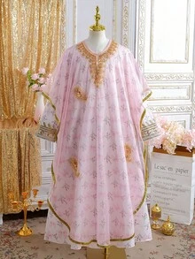 少女两件套中东风格长袍套装，杏色长袖童装，节日服装 - 粉色 - 查看 3